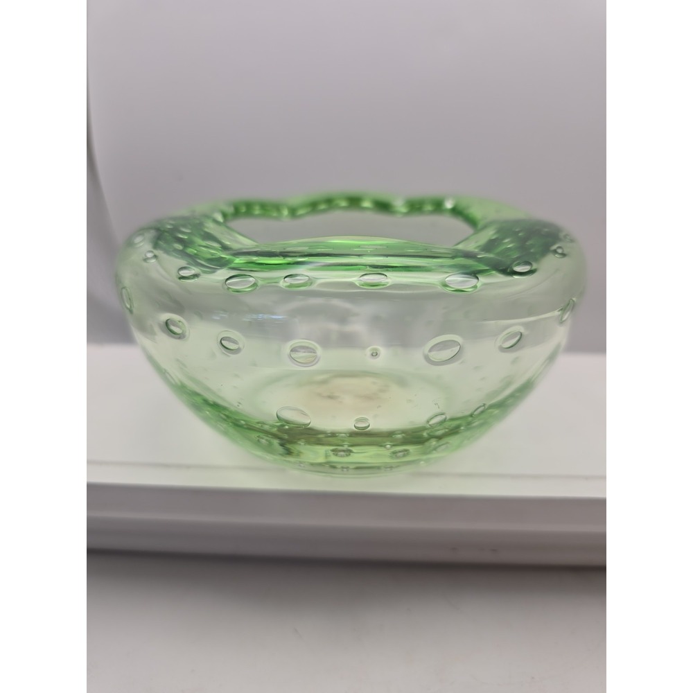 Vintage Murano Art Glass Tri-Fold Bowl Green Tint Clear Controlled Bubbles 5"